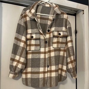Plaid Shacket Jacket in Grey, Taupe & Cream
